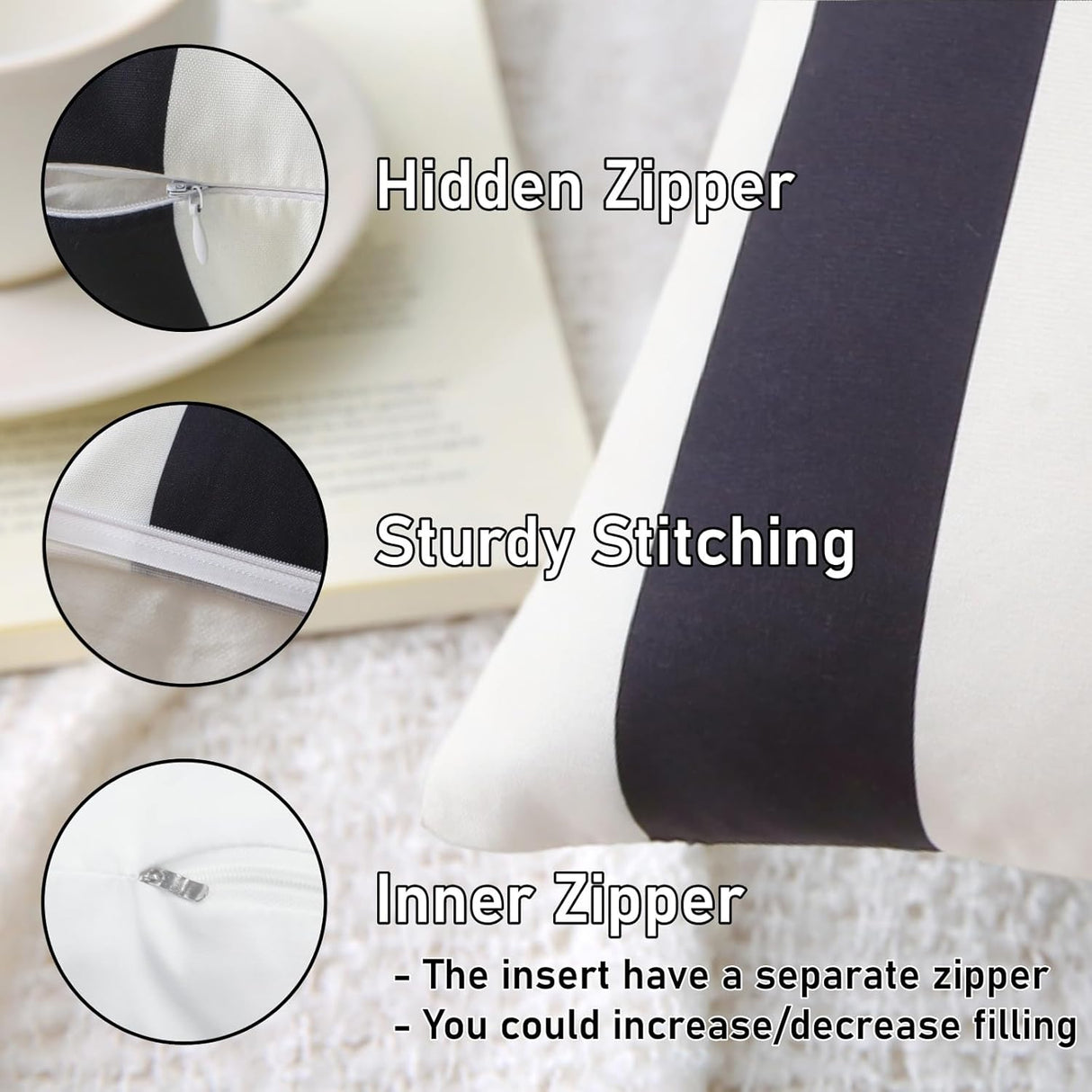 18" x 18" Throw Pillows with Inserts, Pack of 2 Outdoor Waterproof Striped Pillow, Square Decorative Pillows for Patio Furniture Garden Couch Sofa Home (Black Vertical Stripes)