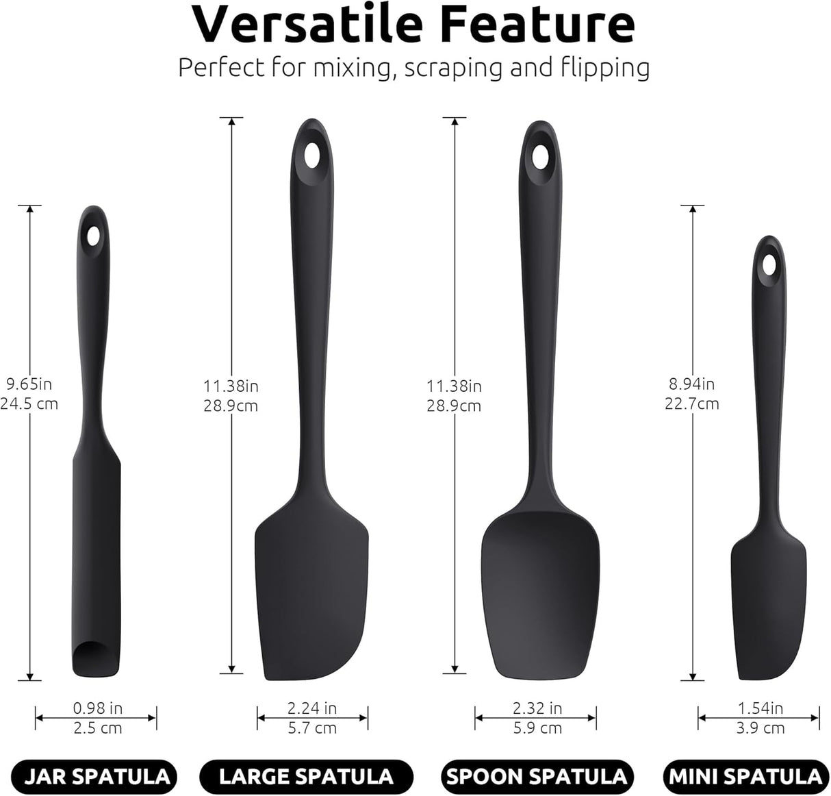 600ºF Heat Resistant Silicone Spatulas: Flexible Food-Grade Silicon Baking Scraper, Kitchen Cooking Mixing Utensils with Upgraded Sturdy Handle Tip for Nonstick Cookware (4-Pc., Black)