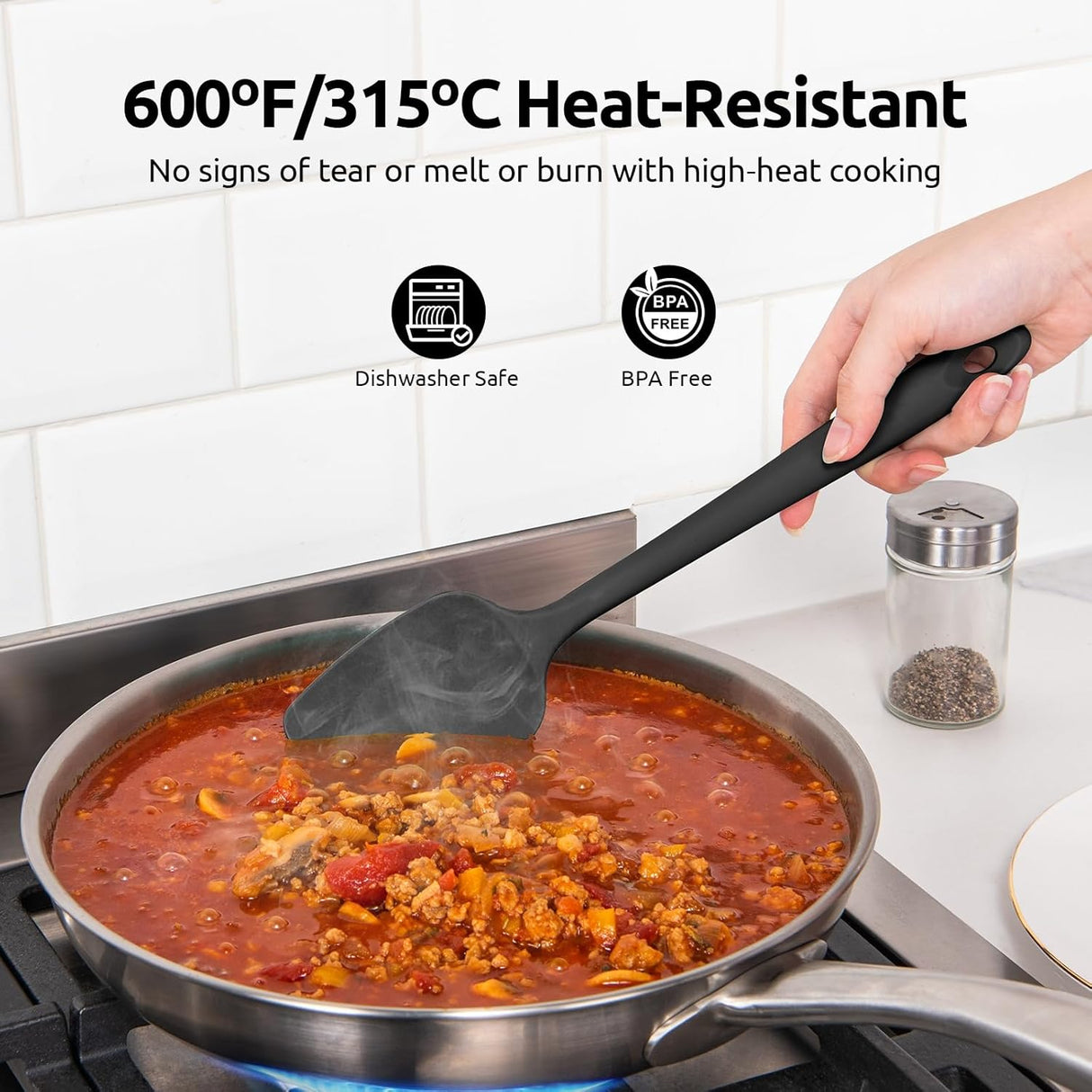 600ºF Heat Resistant Silicone Spatulas: Flexible Food-Grade Silicon Baking Scraper, Kitchen Cooking Mixing Utensils with Upgraded Sturdy Handle Tip for Nonstick Cookware (4-Pc., Black)