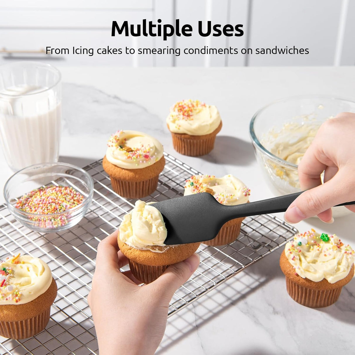 600ºF Heat Resistant Silicone Spatulas: Flexible Food-Grade Silicon Baking Scraper, Kitchen Cooking Mixing Utensils with Upgraded Sturdy Handle Tip for Nonstick Cookware (4-Pc., Black)