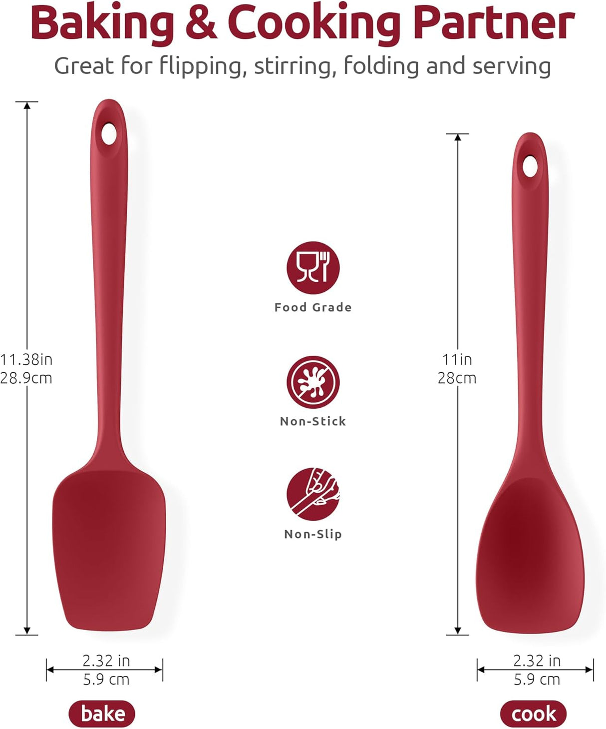 600ºF Heat Resistant Silicone Spoons:  Flexible Baking Spoon Spatula & Cooking Scoop Spoonula, Seamless Soft Kitchen Utensils for Serving, Scraping, Scooping in Non-Stick Cookware (Red)