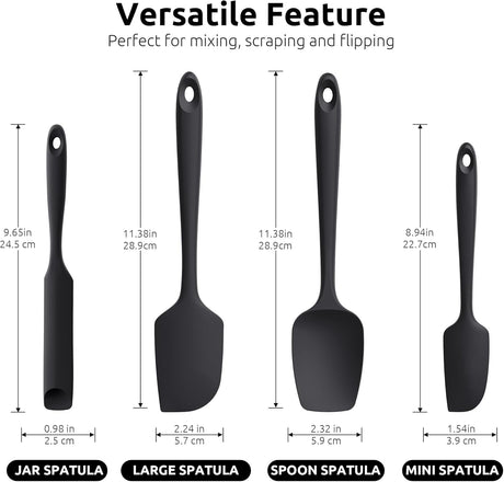 600ºF Heat Resistant Silicone Spatulas: Kitchen Cooking Mixing Utensils (4PCS, Black) and 8"+10"+12" Kitchen Cooking Tweezer: 18/8 Stainless Steel Food-Grade Metal Food Tong (Pointed Tip)