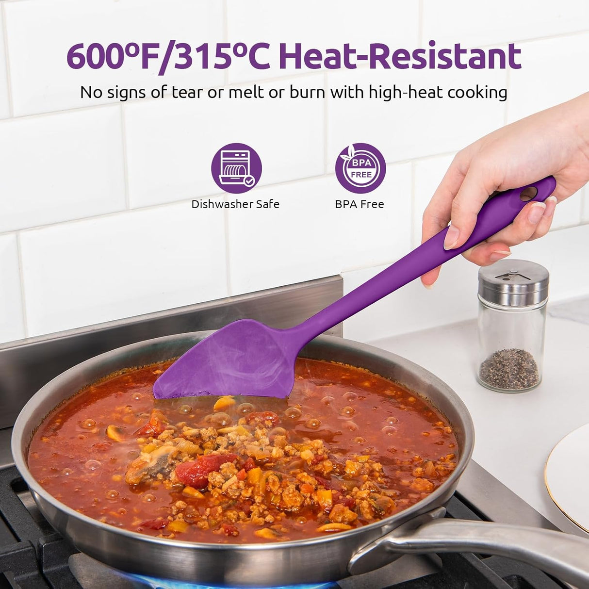 600ºF Heat Resistant Silicone Spatulas: Kitchen Cooking Mixing Utensils (4PCS, Purple) and 8"+10"+12" Kitchen Cooking Tweezer: 18/8 Stainless Steel Food-Grade Metal Food Tong (Pointed Tip)
