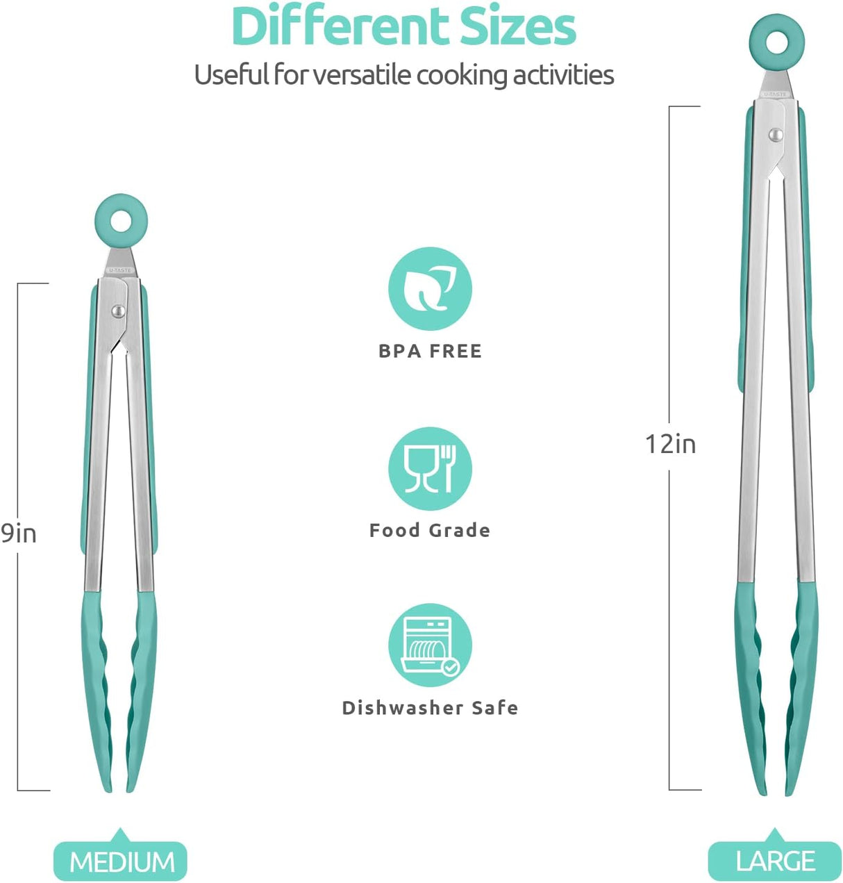 600ºF Heat Resistant 9+12 in Silicone Cooking Tongs with Non Stick Rubber Tips (Aqua Sky) and 12" Kitchen Tweezer Set: 18/8 Stainless Steel Food-Grade Metal Food Tong (Round & Pointed Tip)