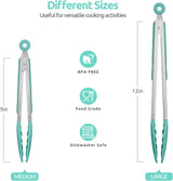 600ºF Heat Resistant 9+12 in Silicone Cooking Tongs with Non Stick Rubber Tips (Aqua Sky) and 12" Kitchen Tweezer Set: 18/8 Stainless Steel Food-Grade Metal Food Tong (Round & Pointed Tip)