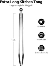 600ºF Heat Resistant 16in Silicone Cooking Tongs with Non Stick Rubber Tips (Black) and 12" Kitchen Tweezer Set: 18/8 Stainless Steel Food-Grade Metal Food Tong (Round & Pointed Tip)