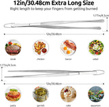 600ºF Heat Resistant 16in Silicone Cooking Tongs with Non Stick Rubber Tips (Black) and 12" Kitchen Tweezer Set: 18/8 Stainless Steel Food-Grade Metal Food Tong (Round & Pointed Tip)