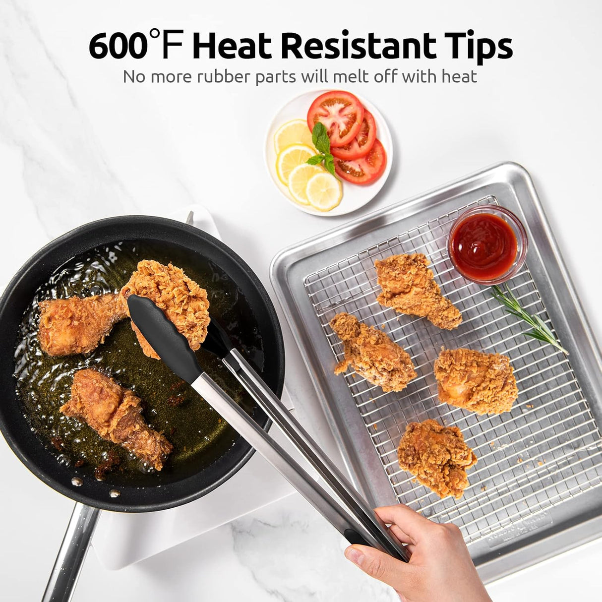 600ºF Heat Resistant 16in Silicone Cooking Tongs with Non Stick Rubber Tips (Black) and 12" Kitchen Tweezer Set: 18/8 Stainless Steel Food-Grade Metal Food Tong (Round & Pointed Tip)