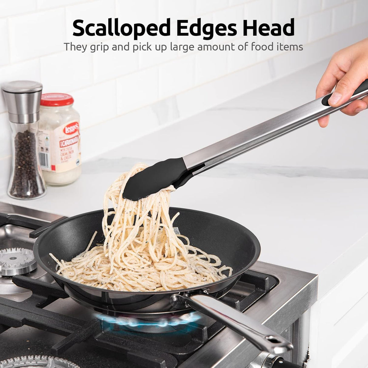 600ºF Heat Resistant 16in Silicone Cooking Tongs with Non Stick Rubber Tips (Black) and 12" Kitchen Tweezer Set: 18/8 Stainless Steel Food-Grade Metal Food Tong (Round & Pointed Tip)