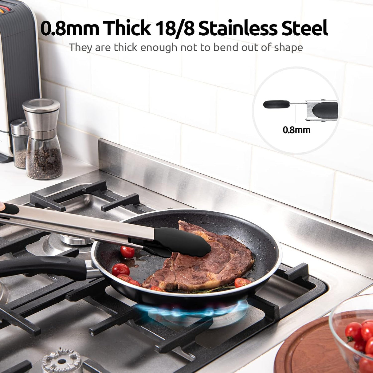 600ºF Heat Resistant 16in Silicone Cooking Tongs with Non Stick Rubber Tips (Black) and 12" Kitchen Tweezer Set: 18/8 Stainless Steel Food-Grade Metal Food Tong (Round & Pointed Tip)