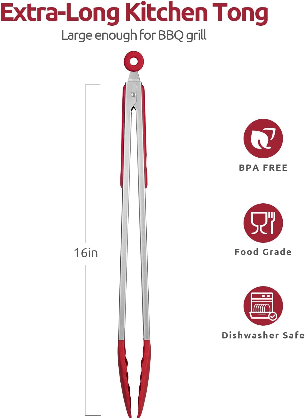 600ºF Heat Resistant 16in Silicone Cooking Tongs with Non Stick Rubber Tips (Red) and 12" Kitchen Tweezer Set: 18/8 Stainless Steel Food-Grade Metal Food Tong (Round & Pointed Tip)