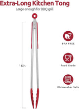 600ºF Heat Resistant 16in Silicone Cooking Tongs with Non Stick Rubber Tips (Red) and 12" Kitchen Tweezer Set: 18/8 Stainless Steel Food-Grade Metal Food Tong (Round & Pointed Tip)