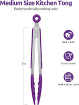 600ºF Heat Resistant 9in Silicone Cooking Tongs with Non Stick Rubber Tips (Purple) and 10" Kitchen Cooking Tweezer Set: 18/8 Stainless Steel Food-Grade Metal Food Tong (Round & Pointed Tip)