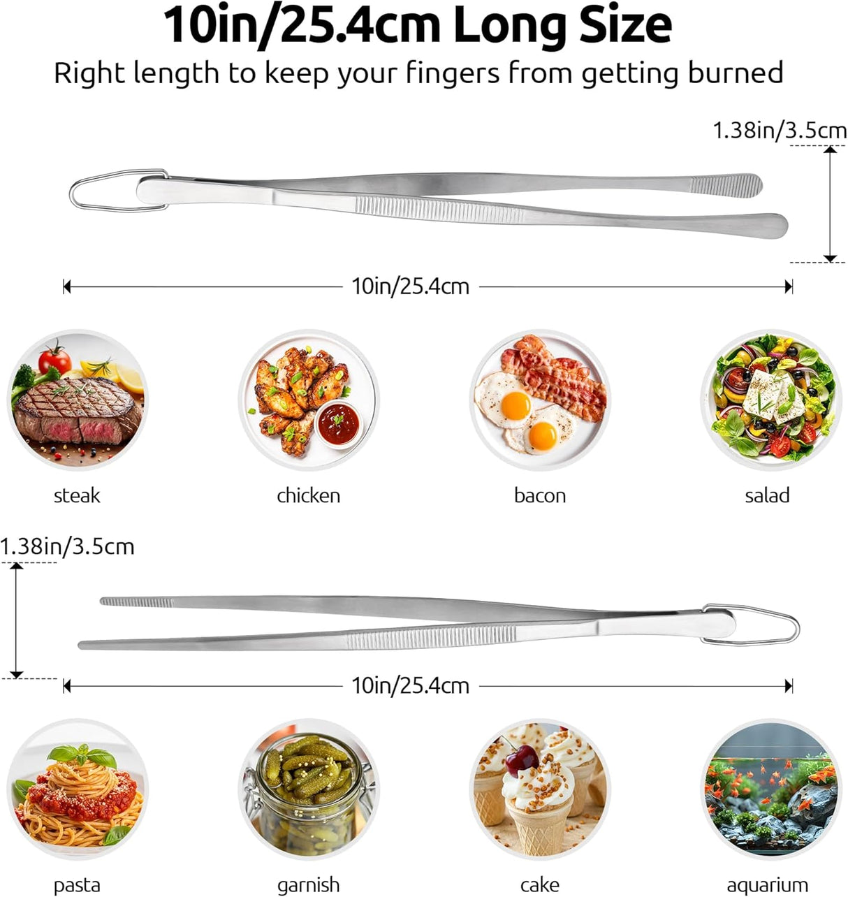 600ºF Heat Resistant 9in Silicone Cooking Tongs with Non Stick Rubber Tips (Purple) and 10" Kitchen Cooking Tweezer Set: 18/8 Stainless Steel Food-Grade Metal Food Tong (Round & Pointed Tip)