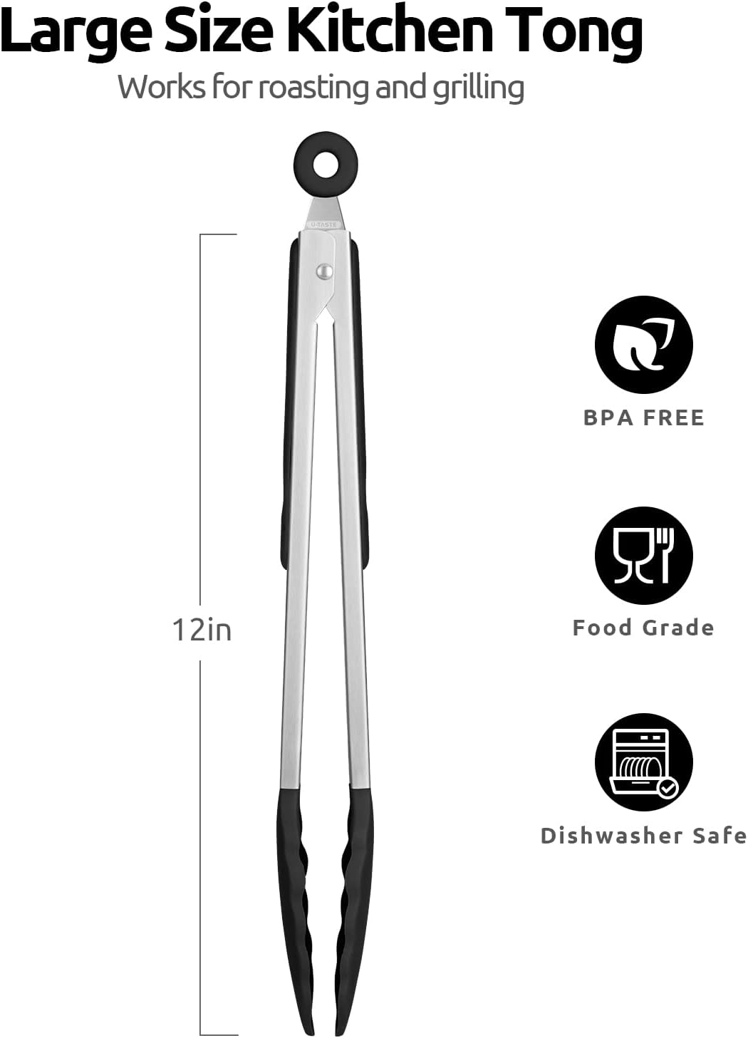 600ºF Heat Resistant 12in Silicone Cooking Tongs with Non Stick Rubber Tips (Black) and 12" Kitchen Tweezer Set: 18/8 Stainless Steel Food-Grade Metal Food Tong (Round & Pointed Tip)