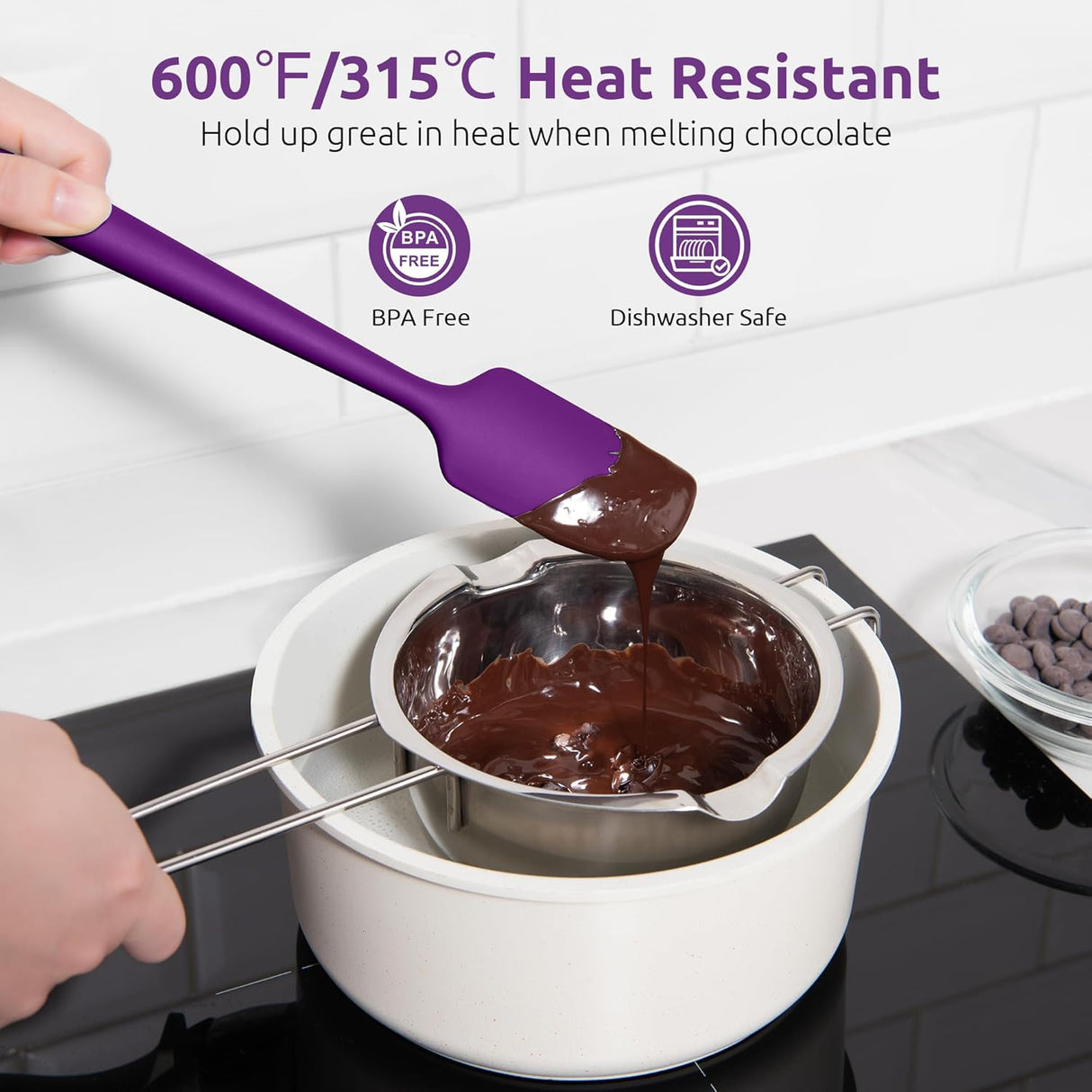 Small Mini Silicone Spatula: 9×2inch 600ºF Heat-Resistant Food-Grade Jar Scraper (Purple) and 8in Kitchen Plating Tweezer: 18/8 Stainless Steel Food-Grade Metal Food Tong (Pointed Tip)
