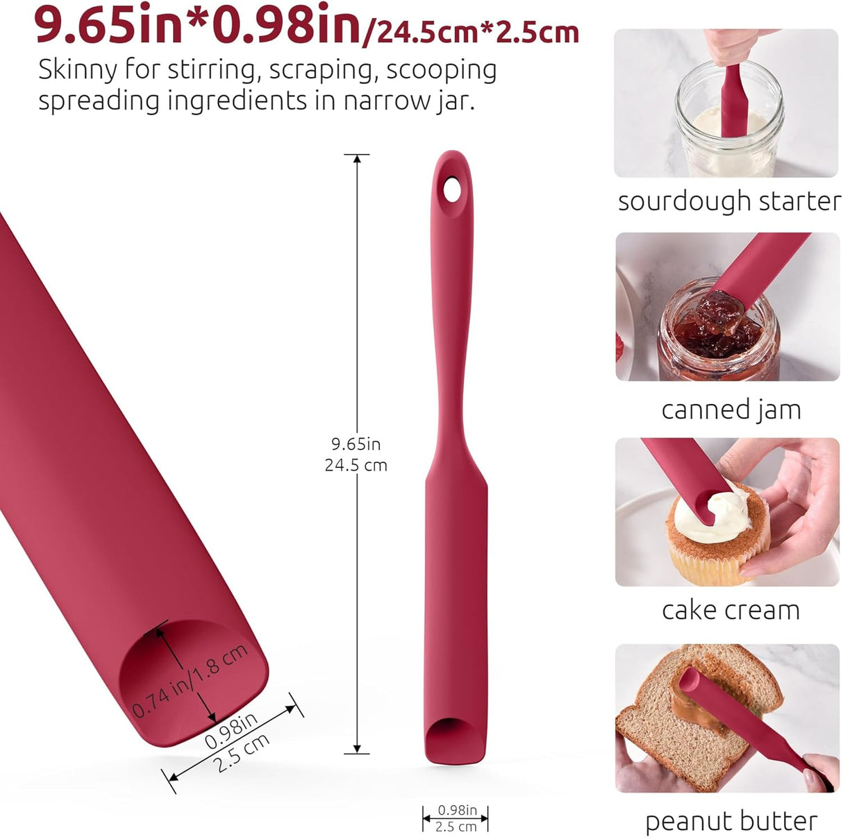 600ºF Heat-Resistant Food-Grade 10in Skinny Silicone Jar Spatula with Spoon Tip (Red) and 10in Kitchen Cooking Tweezer: 18/8 Stainless Steel Food-Grade Metal Food Tong (Round Tip)