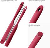 600ºF Heat-Resistant Food-Grade 10in Skinny Silicone Jar Spatula with Spoon Tip (Red) and 10in Kitchen Cooking Tweezer: 18/8 Stainless Steel Food-Grade Metal Food Tong (Round Tip)