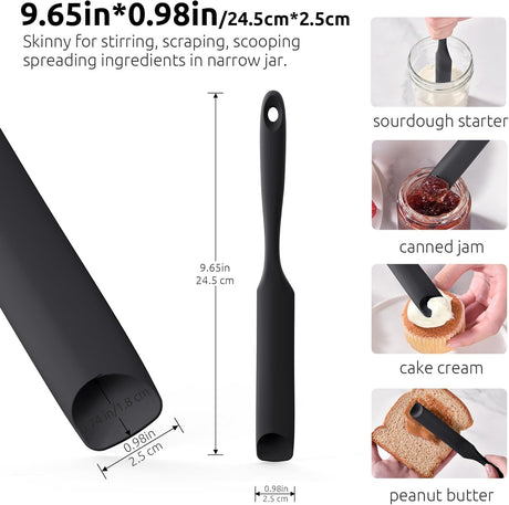 600ºF Heat-Resistant Food-Grade 10in Skinny Silicone Jar Spatula with Spoon Tip (Black) and 10in Kitchen Cooking Tweezer: 18/8 Stainless Steel Food-Grade Metal Food Tong (Round Tip)