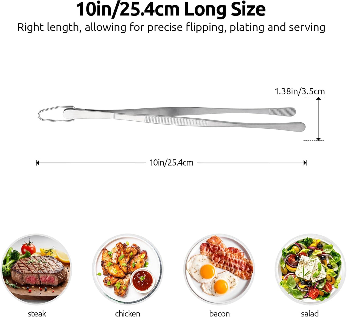 600ºF Heat-Resistant Food-Grade 10in Skinny Silicone Jar Spatula with Spoon Tip (Black) and 10in Kitchen Cooking Tweezer: 18/8 Stainless Steel Food-Grade Metal Food Tong (Round Tip)