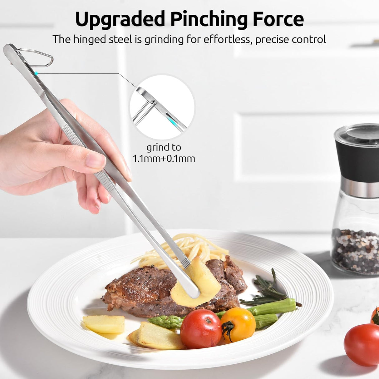 600ºF Heat-Resistant Food-Grade 10in Skinny Silicone Jar Spatula with Spoon Tip (Black) and 10in Kitchen Cooking Tweezer: 18/8 Stainless Steel Food-Grade Metal Food Tong (Round Tip)