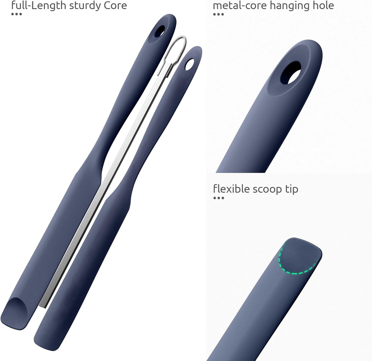 600ºF Heat-Resistant Food-Grade 10in Skinny Silicone Jar Spatula with Spoon Tip (Midnight Blue) and 10in Kitchen Cooking Tweezer: 18/8 Stainless Steel Food-Grade Metal Food Tong (Round Tip)