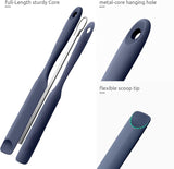 600ºF Heat-Resistant Food-Grade 10in Skinny Silicone Jar Spatula with Spoon Tip (Midnight Blue) and 10in Kitchen Cooking Tweezer: 18/8 Stainless Steel Food-Grade Metal Food Tong (Round Tip)