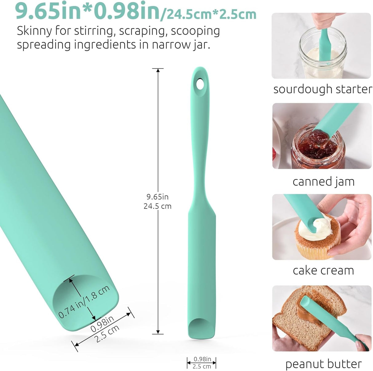 600ºF Heat-Resistant Food-Grade 10in Skinny Silicone Jar Spatula with Spoon Tip (Aqua Sky) and 10in Kitchen Cooking Tweezer: 18/8 Stainless Steel Food-Grade Metal Food Tong (Round Tip)