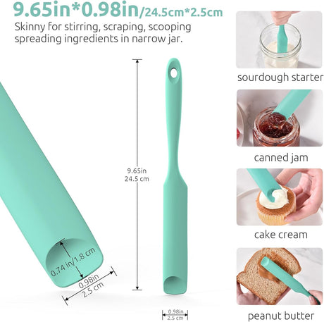 600ºF Heat-Resistant Food-Grade 10in Skinny Silicone Jar Spatula with Spoon Tip (Aqua Sky) and 10in Kitchen Cooking Tweezer: 18/8 Stainless Steel Food-Grade Metal Food Tong (Round Tip)