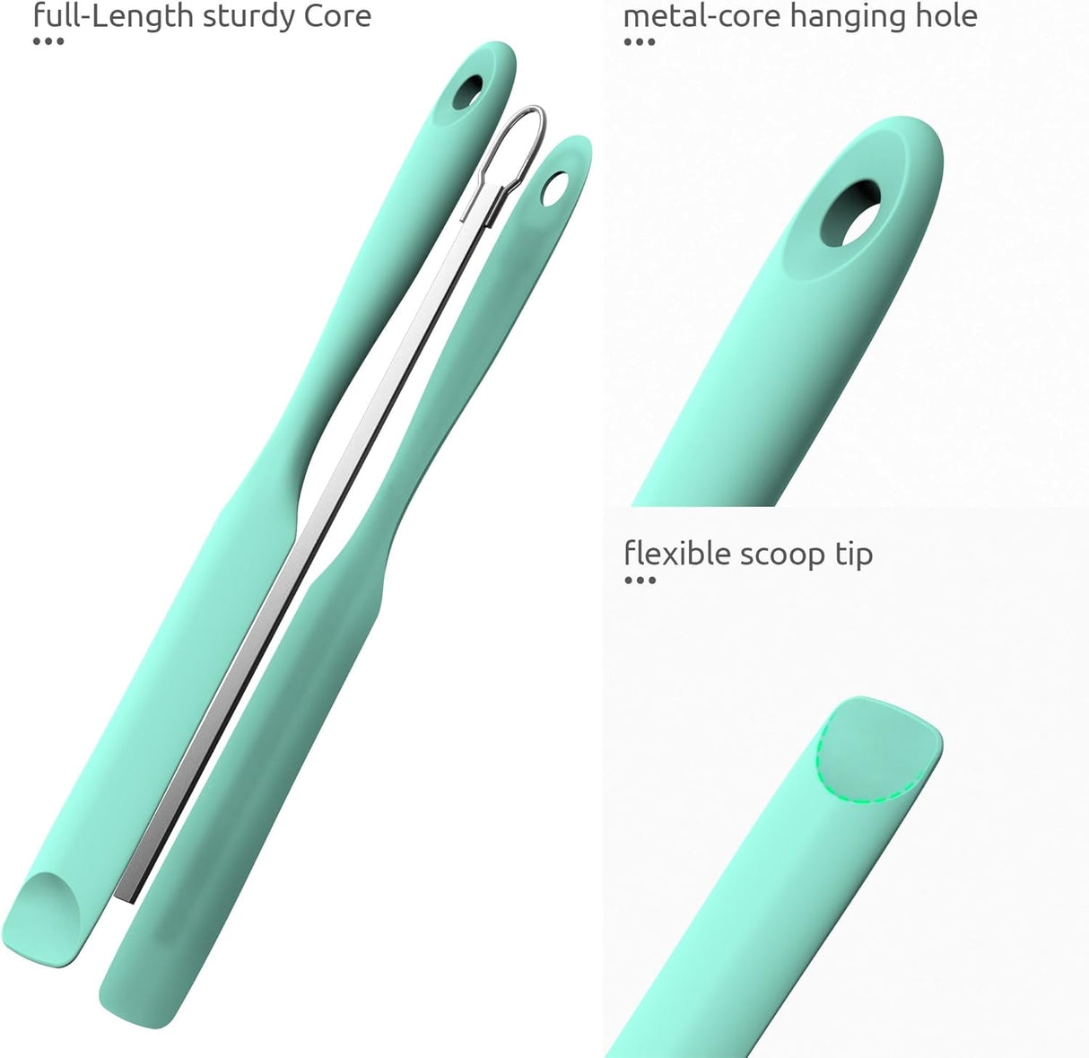 600ºF Heat-Resistant Food-Grade 10in Skinny Silicone Jar Spatula with Spoon Tip (Aqua Sky) and 10in Kitchen Cooking Tweezer: 18/8 Stainless Steel Food-Grade Metal Food Tong (Round Tip)