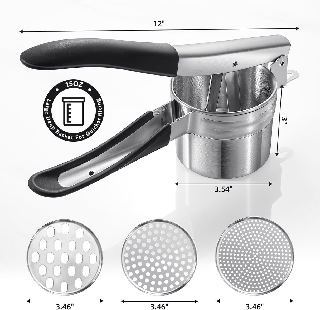 Potato Ricer,  Upgraded Stainless Steel Potato Masher with 3 Interchangeable Discs, Heavy Duty Kitchen Tool Gadget
