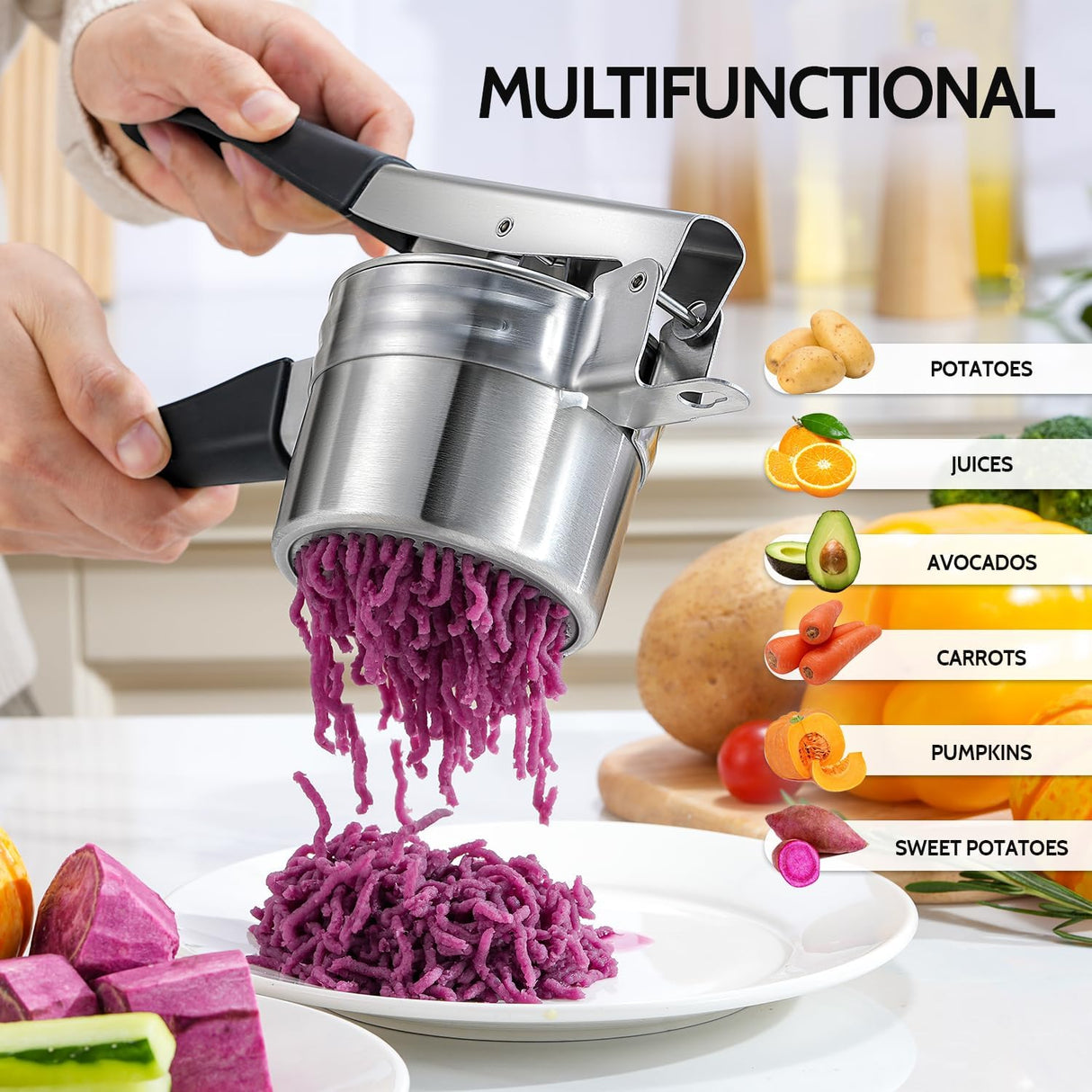 Potato Ricer,  Upgraded Stainless Steel Potato Masher with 3 Interchangeable Discs, Heavy Duty Kitchen Tool Gadget