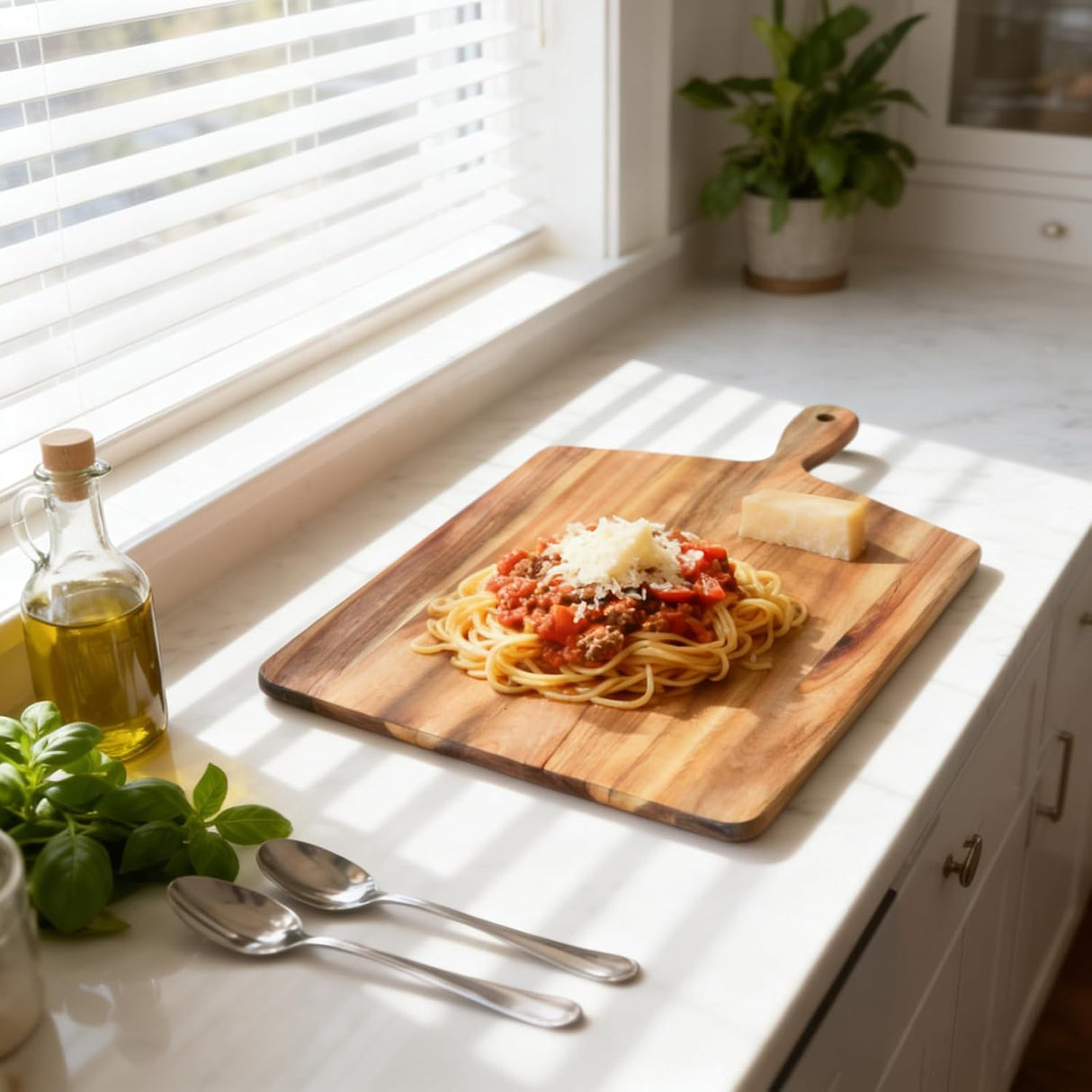Acacia Wood Cutting Board with Handle, Wooden Chopping Board for Meat, Cheese, Bread & Vegetables, Decorative Charcuterie Serving Board for Kitchen Cooking, Pizza & Party Dining, 17"x13"