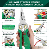 Pro 8-in-1 Wire Stripper/Cutter with Voltage Tester & Dual Alarms - Heavy Duty 12-250V AC/DC Electrical Tester for Hot/Neutral Wires - Electrician, HVAC, Car Repair Tool (Green)