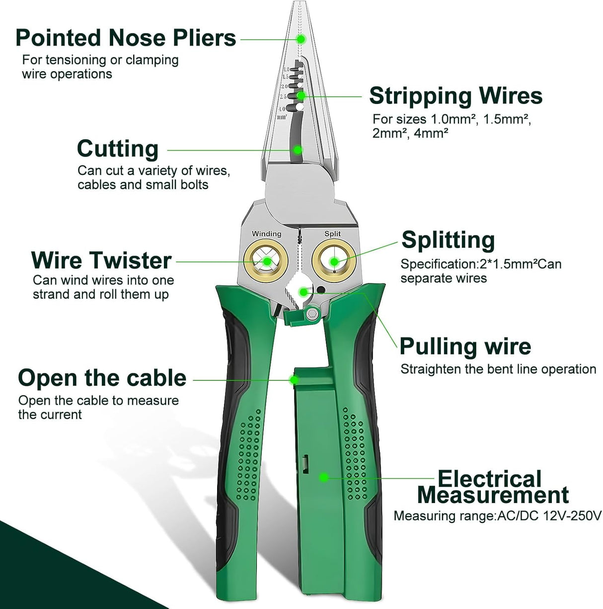 Pro 8-in-1 Wire Stripper/Cutter with Voltage Tester & Dual Alarms - Heavy Duty 12-250V AC/DC Electrical Tester for Hot/Neutral Wires - Electrician, HVAC, Car Repair Tool (Green)
