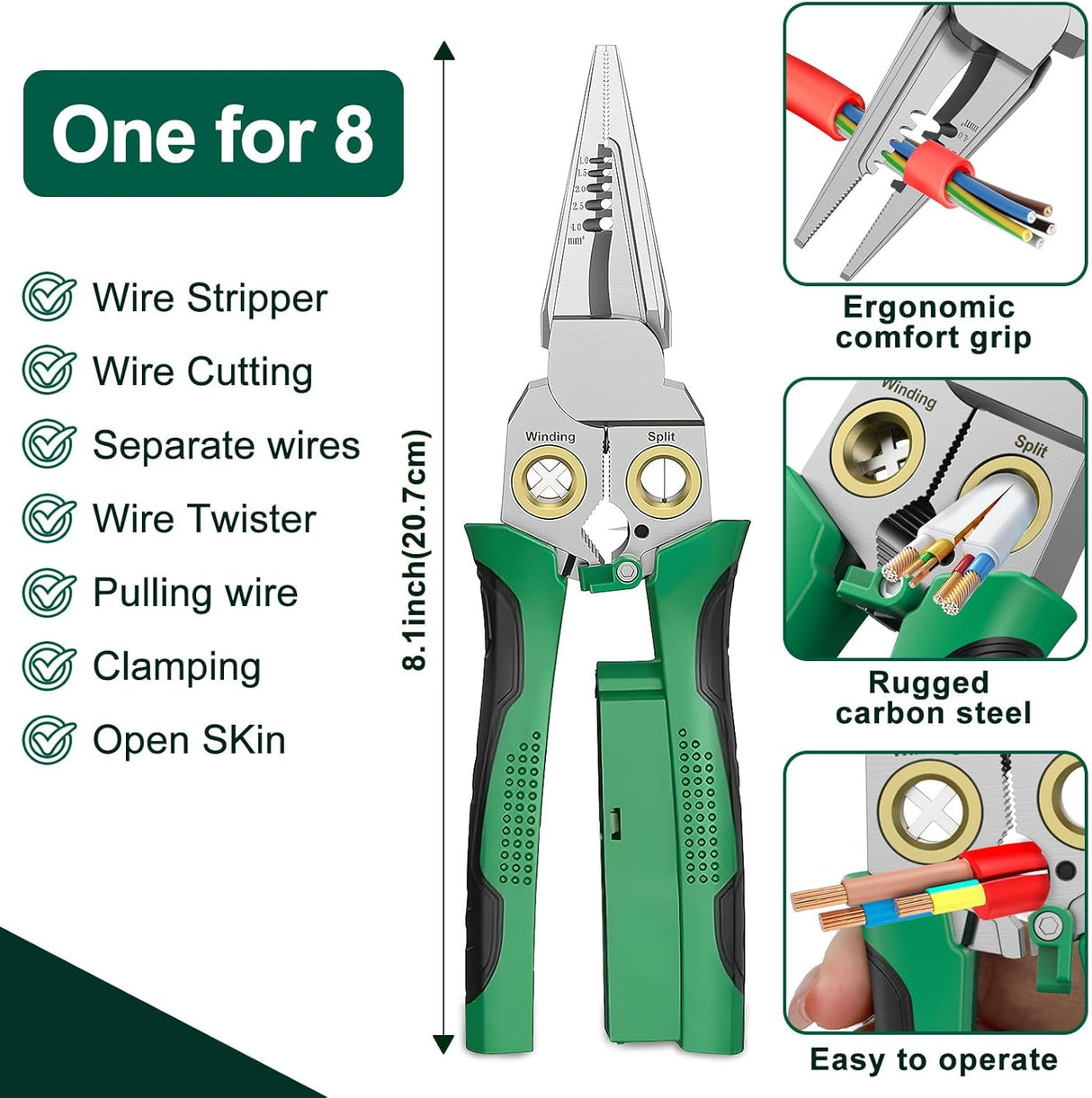 Pro 8-in-1 Wire Stripper/Cutter with Voltage Tester & Dual Alarms - Heavy Duty 12-250V AC/DC Electrical Tester for Hot/Neutral Wires - Electrician, HVAC, Car Repair Tool (Green)