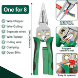 Pro 8-in-1 Wire Stripper/Cutter with Voltage Tester & Dual Alarms - Heavy Duty 12-250V AC/DC Electrical Tester for Hot/Neutral Wires - Electrician, HVAC, Car Repair Tool (Green)