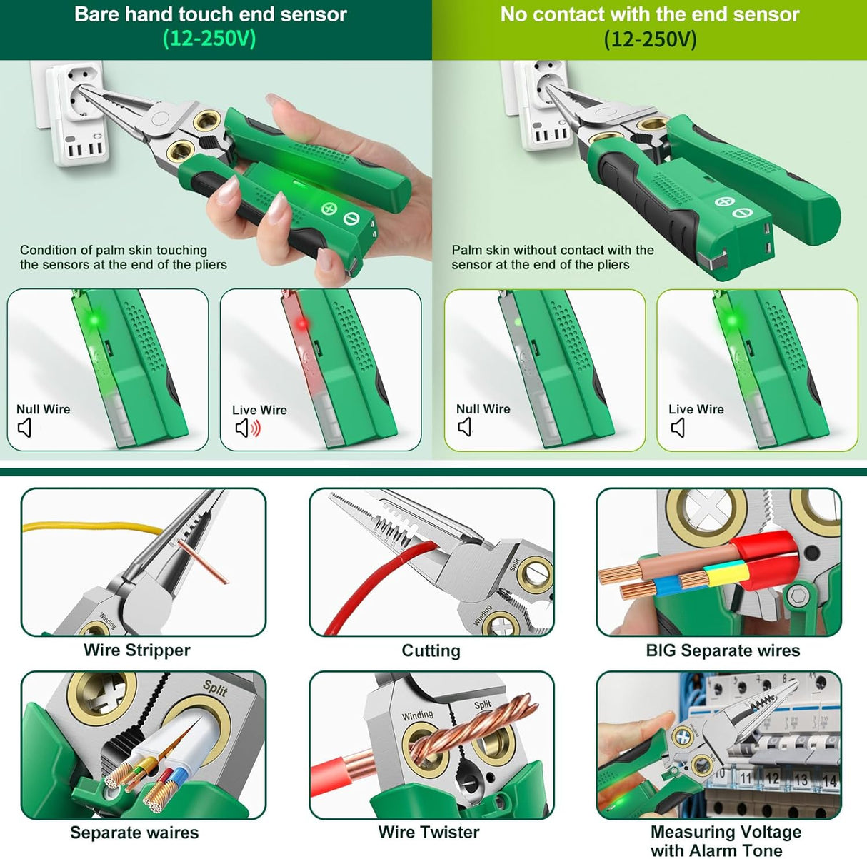 Pro 8-in-1 Wire Stripper/Cutter with Voltage Tester & Dual Alarms - Heavy Duty 12-250V AC/DC Electrical Tester for Hot/Neutral Wires - Electrician, HVAC, Car Repair Tool (Green)