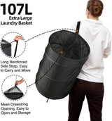 Extra Large 107L Strong Laundry Hamper 17.5" x 27" Collapsible Laundry Baskets with Long Straps Drawstring Barrel Foldable Hamper for Laundry Room, Bathroom, Campout, College Dorm or Travel