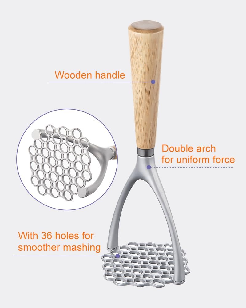 Potato Masher with Wooden Handle, Manual Potato Press for Kitchen Tool, Aluminum Alloy Potato Ricer For Fluffy Mashed Potato