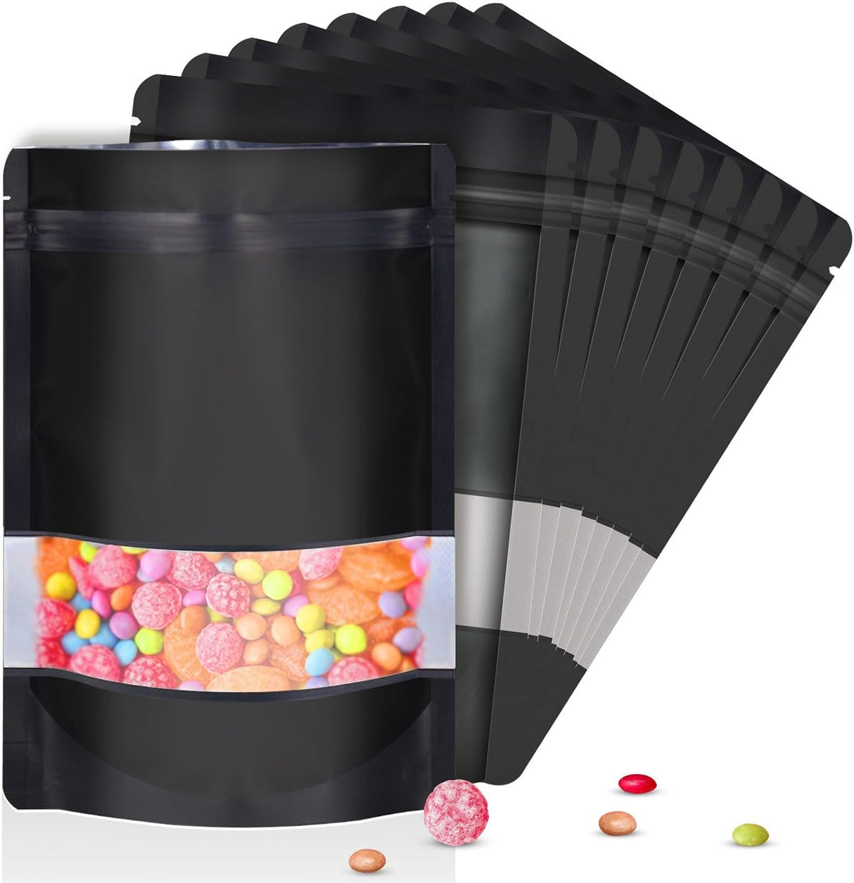 5.5"x7.8" 120pcs Mylar Bags for Food Storage,Smell Proof Bag with Matte Window Resealable Food Storage Bags for Small Business, Stand-up Foil Pouch Packaging Freeze Dried Candy Bag(Black)