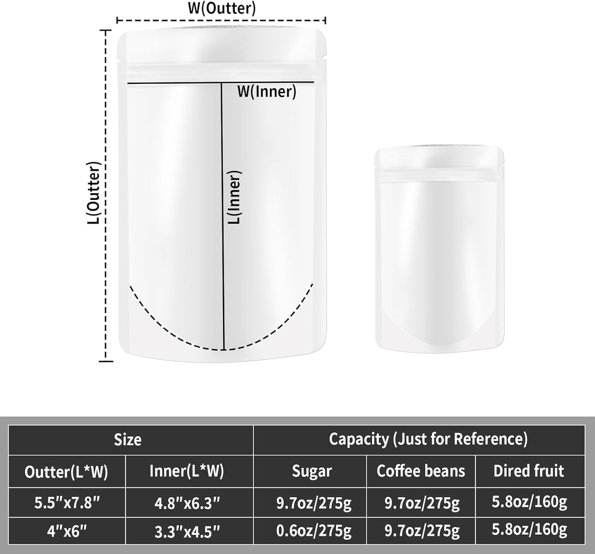 4"x6" 120pcs Mylar Bags for Food Storage,Smell Proof Bag Resealable Food Storage Bags for Small Business, Stand-up Foil Pouch Packaging Treat Snack Packing for Self Sealing (White)