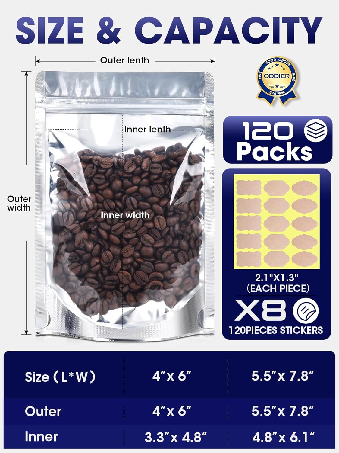 120pcs Stand Up Pouch Bags, 4" x 6" Mylar Bag for Food Storage, Clear Front with Aluminum Foil Back Resealable Food Storage Bags for Small Business Packaging Treat Snack Bag for Self Sealing
