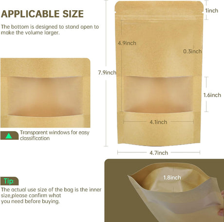 120pcs 4.7"x7.8" Kraft Bags with Window Zipper Lock Stand Up Bulk Pouches Resealable Bags, Smell Proof Mylar Bags for Food Storage, Stand-up Resealable Food Storage Bags with Clear Window