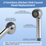Pull Out Sink Sprayer Head Replacement, 2 Function Kitchen Sink Faucet Head, G1/2 or 13/16 Inch Thread Faucet Head Kitchen Tap Sprayer Spout, Chrome
