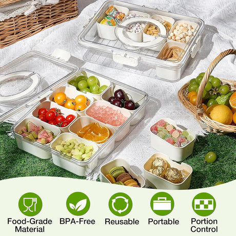 Snackle Box Container, 2 Pack Divided Serving Tray with Lid and Handle, Snack Box Charcuterie Container for Portable Snack Platters, Clear Organizer for Candy, Fruits, Travel, Party, Picnic