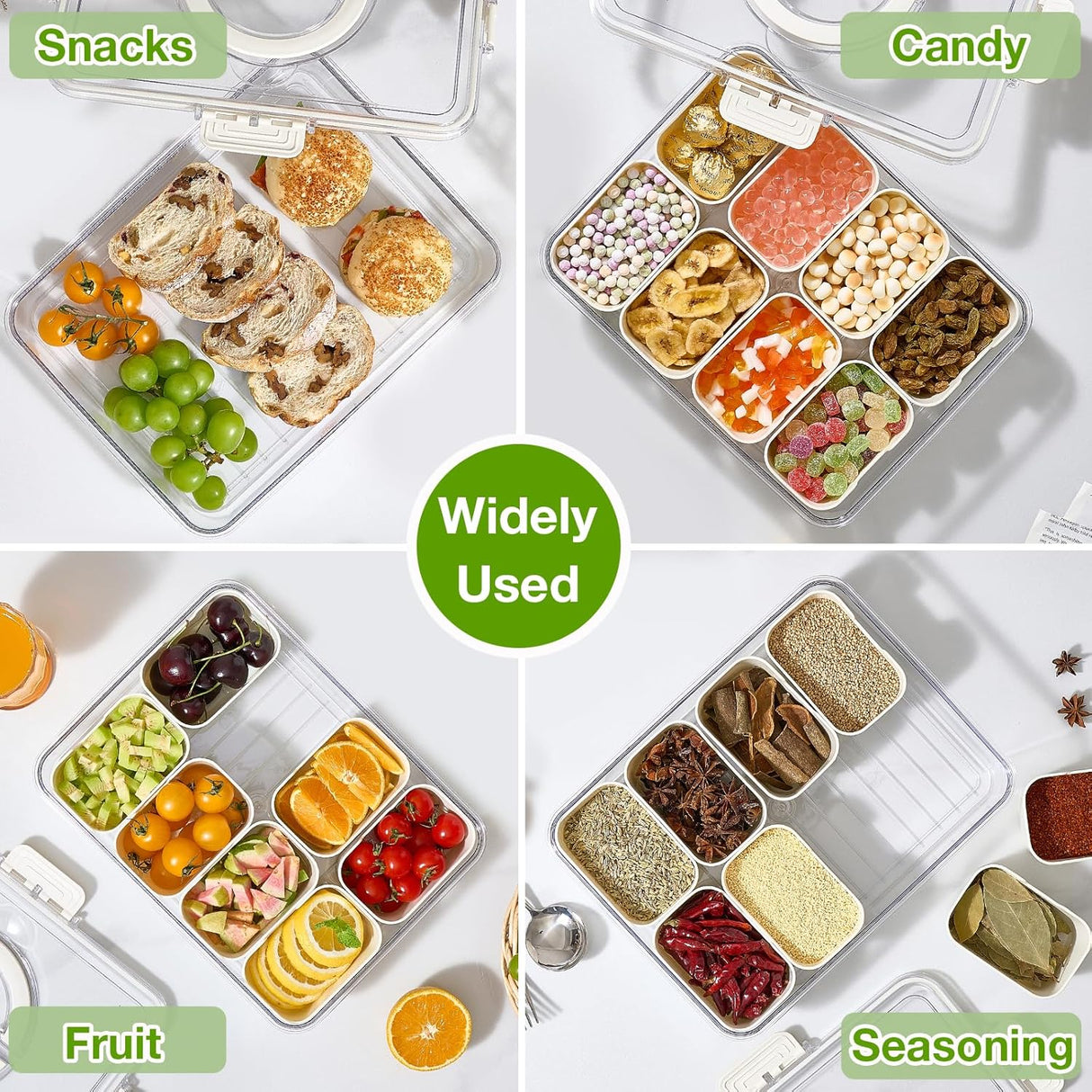 Snackle Box Container, 2 Pack Divided Serving Tray with Lid and Handle, Snack Box Charcuterie Container for Portable Snack Platters, Clear Organizer for Candy, Fruits, Travel, Party, Picnic