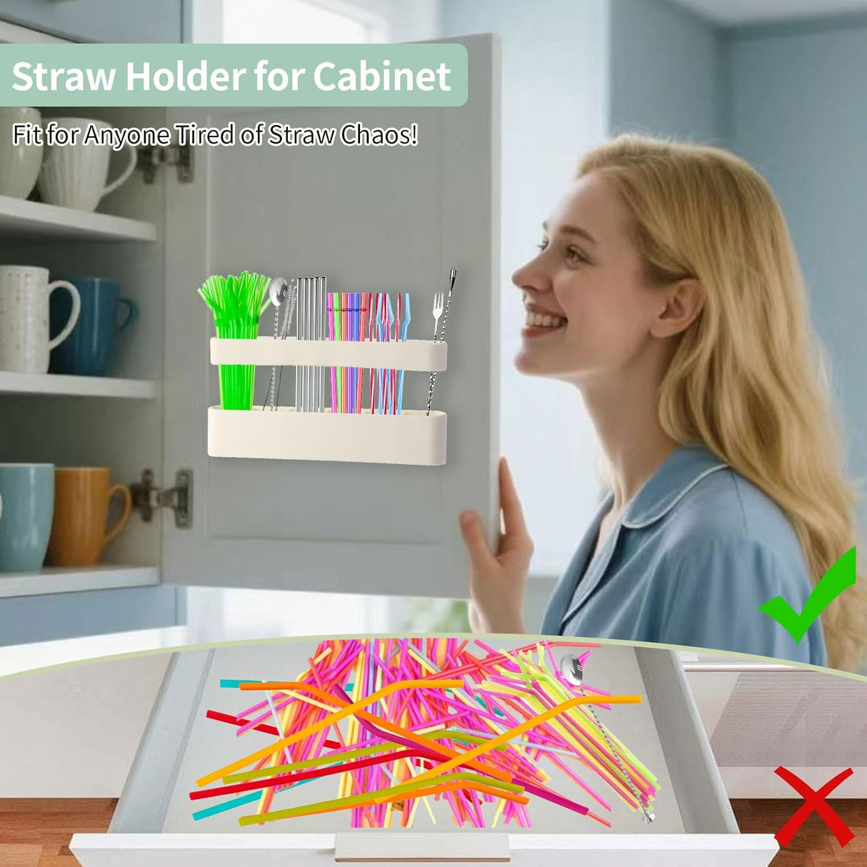 9.6'' Large Silicone Straw Holder for Cabinet Door, Space-Saving Straw Organizer Container with Adhesive Tape, Stylish Kitchen Organizers and Storage Accessories for Cabinet, Cupboard, Counter, RVs