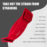 Clip On Kitchen Food Strainer for Spaghetti, Meat, Pasta, & Ground Beef Grease, Colander & Sieve Snaps or Clips Onto Bowls, Pots & Pans Includes Silicone Drainer, Brush & Garlic Peeler (Dk Red)