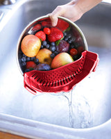 Clip On Kitchen Food Strainer for Spaghetti, Meat, Pasta, & Ground Beef Grease, Colander & Sieve Snaps or Clips Onto Bowls, Pots & Pans Includes Silicone Drainer, Brush & Garlic Peeler (Dk Red)